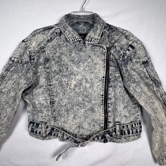 Acid Washed Cropped Jacket Denim SZ 12 Designed by Cosmic‎ Belted Punk 80's - Picture 7 of 16